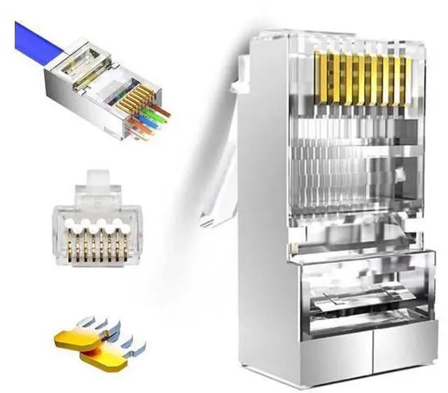 Main image of 20 Pack Pass Through Shielded Cat6/Cat6a RJ45 Connectors, Gold Plated FTP STP Modular Plugs Fit Solid & Stranded Cat6 Cat6a Ethernet Cables