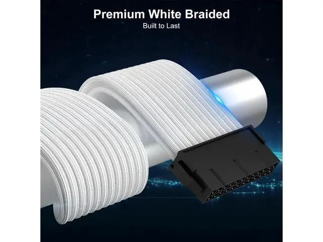 Alt view image 2 of 7 - White Braided 24Pin ATX Extension Cable, 11.8 Inch Male to Female with 3 Cable Combs