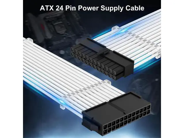 Alt view image 3 of 7 - White Braided 24Pin ATX Extension Cable, 11.8 Inch Male to Female with 3 Cable Combs