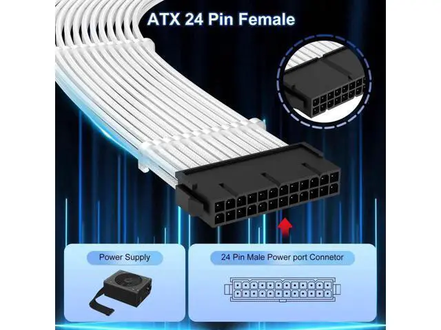 Alt view image 4 of 7 - White Braided 24Pin ATX Extension Cable, 11.8 Inch Male to Female with 3 Cable Combs