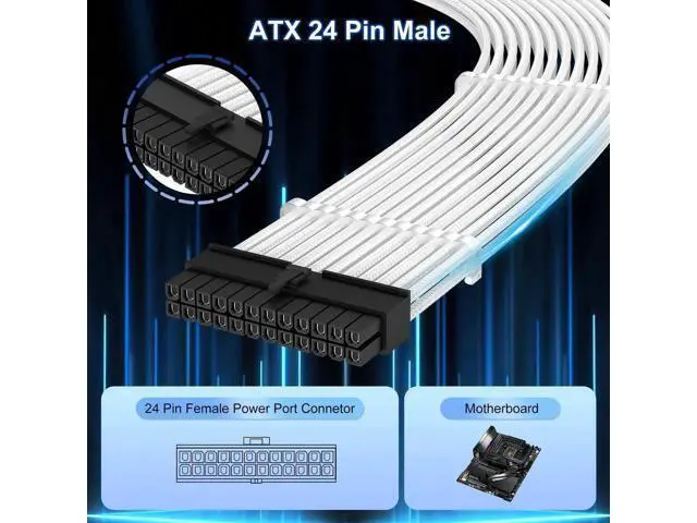 Alt view image 6 of 7 - White Braided 24Pin ATX Extension Cable, 11.8 Inch Male to Female with 3 Cable Combs