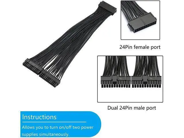 Alt view image 2 of 7 - 32CM(1Ft) ATX 24Pin (20+4) Y-Splitter Power Cable, PSU Female to Dual Male Adapter Cord for Dual Motherboard Synchronous Power Supply