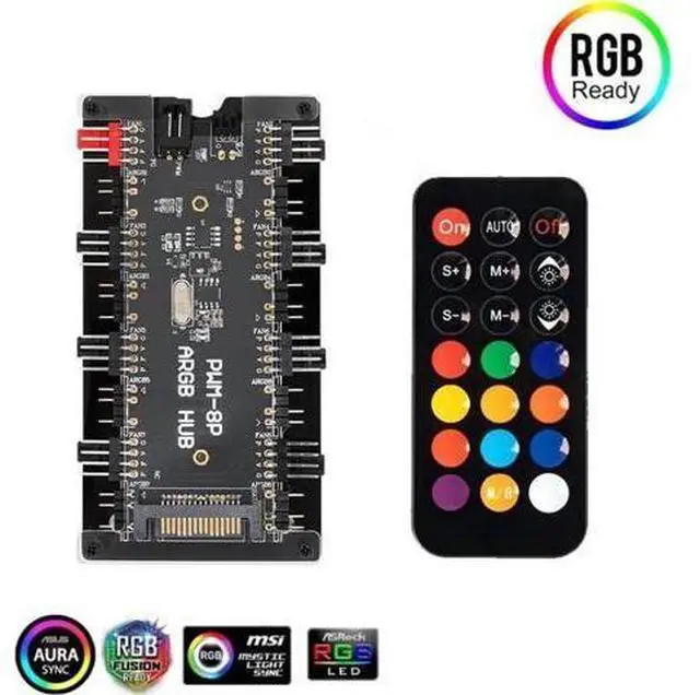 Main image of 2-in-1 PWM & ARGB Controller Hub, 8-Port 12V 4Pin Fan + 5V 3Pin ARGB, Wireless IR Remote, PMMA Casing & Magnetic Standoff, Compatible with ASUS AURA / MSI LED Strips & PC Radiators