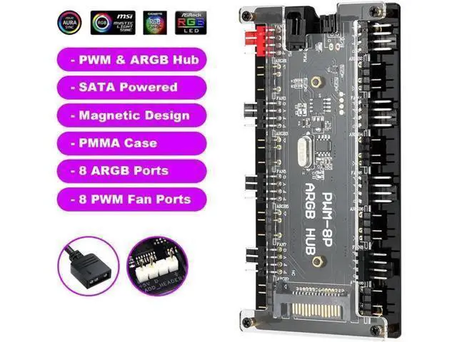 Alt view image 6 of 6 - 2-in-1 PWM & ARGB Controller Hub, 8-Port 12V 4Pin Fan + 5V 3Pin ARGB, Wireless IR Remote, PMMA Casing & Magnetic Standoff, Compatible with ASUS AURA / MSI LED Strips & PC Radiators