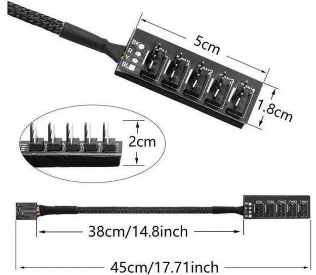 Alt view image 3 of 7 - 2 Pack 14.8 Inch 1-to-5 PWM Fan Splitter Hub Cable, 4Pin Fan Power Extension Cord Compatible with 3Pin/4Pin ATX PC Case & CPU Cooling Fans