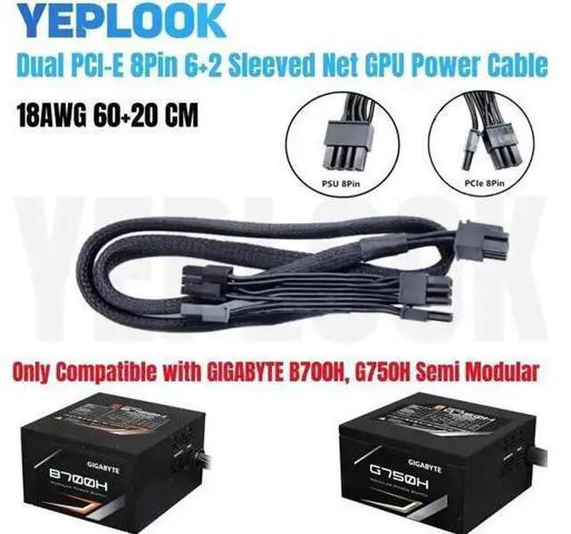 Main image of Sleeved PSU 8Pin to Dual PCIe 8Pin GPU Power Cable Compatible with Gigabyte GP-B700H GP-G750H Modular PSU, 60cm+20cm Branch Length