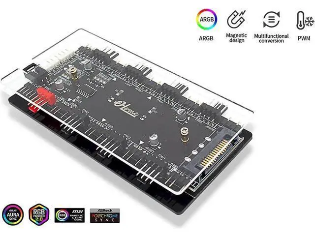 Alt view image 6 of 7 - 4-Pin PWM & ARGB 2-in-1 Hub, 8 Ports 12V 4Pin to 5V 3Pin ARGB Converter Controller, SATA Powered with PMMA Case & Magnetic Standoff