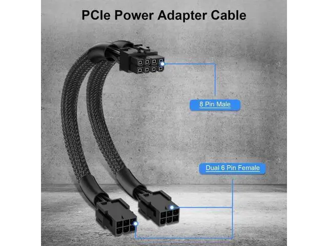 Alt view image 4 of 7 - 9 Inch Braided PCIe Power Adapter Cable, Dual 6-Pin Female to Single 8-Pin Male GPU Power Connector, 1 Pack