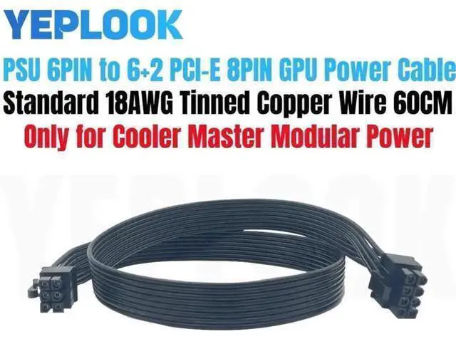 Main image of 60cm 18AWG PCIe 6Pin to 8Pin(6+2) GPU Modular Power Cable, Compatible with Cooler Master V850 V1000 V1200 & Silent Pro Gold 1200W PSU