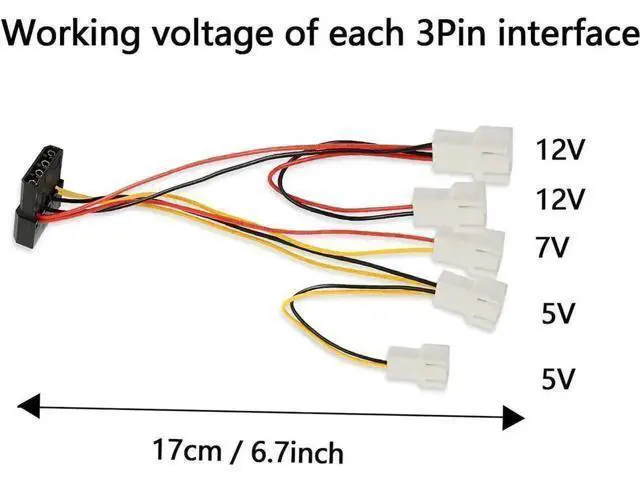 Alt view image 4 of 7 - 4-Pin Molex Pass-Through to 5×3-Pin Fan Splitter Cable, Adjustable 12V/7V/5V Output for PC Case & CPU Cooling Fans
