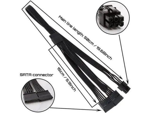 Alt view image 2 of 6 - 20 Inch 6Pin Male to 3 x 15Pin Female SATA Power Cable for Corsair Modular PSU