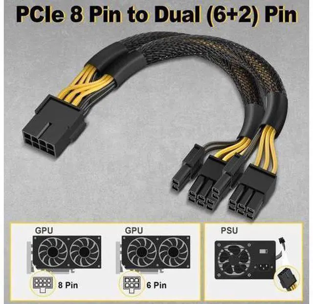 Alt view image 3 of 7 - 2-Pack PCIe 8 Pin Female to Dual 8 Pin (6+2) Male GPU Power Adapter Cables, 9 Inches, Pre-Fitted Heat-Shrink Tubing
