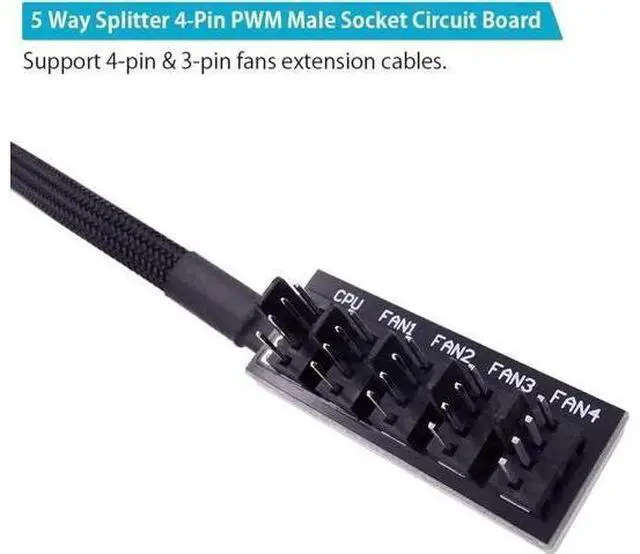 Alt view image 2 of 7 - 1-to-5 4-Pin PWM Fan Splitter Cable, Motherboard Fan Header Extension Cord Compatible with 3Pin & 4Pin ATX PC Chassis Cooling Fans