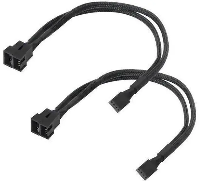Main image of 2 Pack 1-to-2 Sleeved 4-Pin PWM Fan Splitter Cable, Black Extension Cord Compatible with 3Pin/4Pin ATX PC Case Cooling Fans