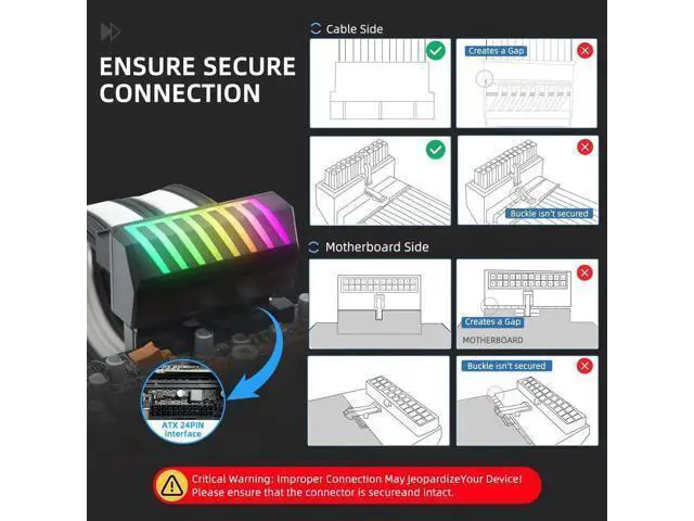 Alt view image 3 of 7 - 90 Degree ATX 24Pin Right Angle Power Adapter with 5V 3Pin RGB Port, Female to Male Motherboard PSU Connector, Black