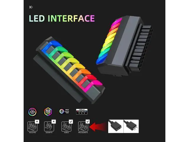 Alt view image 6 of 7 - 90 Degree ATX 24Pin Right Angle Power Adapter with 5V 3Pin RGB Port, Female to Male Motherboard PSU Connector, Black