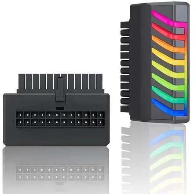 Main image of 90 Degree ATX 24Pin Right Angle Power Adapter with 5V 3Pin RGB Port, Female to Male Motherboard PSU Connector, Black
