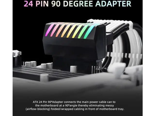 Alt view image 4 of 7 - 90 Degree ATX 24Pin Right Angle Power Adapter with 5V 3Pin RGB Port, Female to Male Motherboard PSU Connector, Black