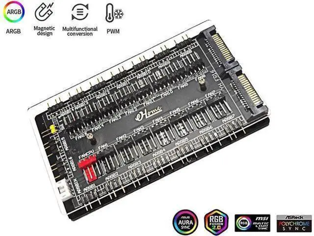 Main image of 2-in-1 16 Way PWM & ARGB Controller Hub, 12V 4Pin PWM Fan + 5V 3Pin ARGB Splitter with SATA 15Pin Power, Black