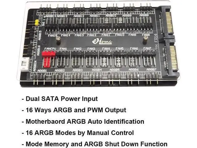 Alt view image 3 of 5 - 2-in-1 16 Way PWM & ARGB Controller Hub, 12V 4Pin PWM Fan + 5V 3Pin ARGB Splitter with SATA 15Pin Power, Black