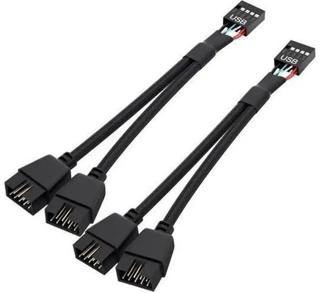 Main image of 2 Pack Black Braided Motherboard USB 2.0 Header Splitter Cable, Single 9Pin USB 2.0 Header to Dual 9Pin Internal Extension Cord