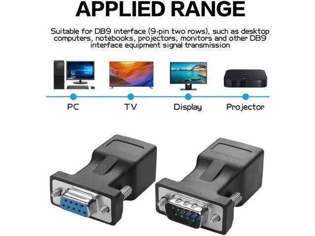 Alt view image 6 of 6 - 1 Pair DB9 RS232 Male & Female to RJ45 Female Serial Console Adapter, DB9 9Pin Serial Port to Cat5/Cat6 Ethernet LAN Converter