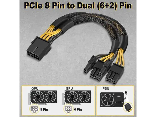 Alt view image 3 of 7 - 2 Pack 9 Inch PCIe 8 Pin Female to Dual 8 Pin (6+2) Male Power Adapter Cable with Heat-Shrink Tubing for GPU