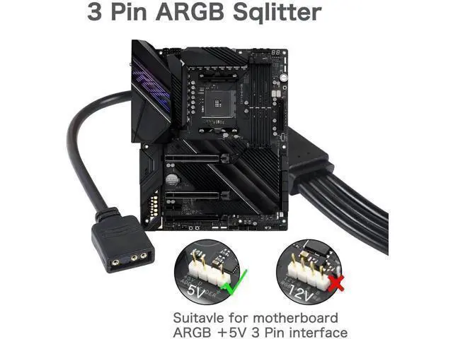 Alt view image 3 of 6 - 5V 3Pin ARGB 1 to 4 Splitter Cable, Addressable RGB Hub Extension Cord for PC Case Fans & CPU Coolers