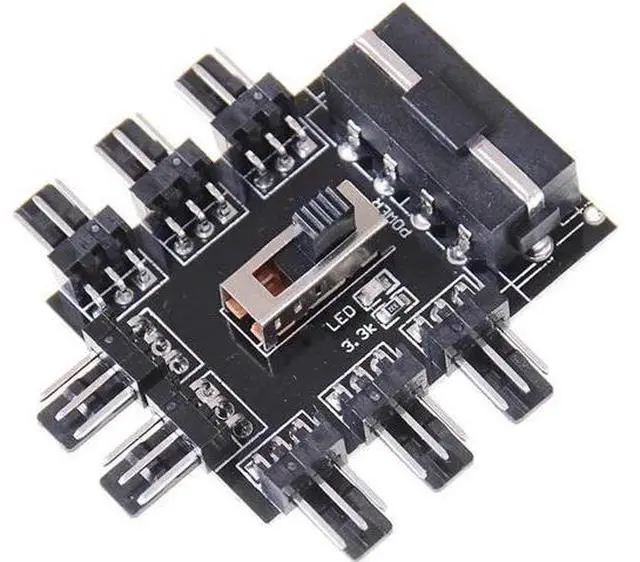 Alt view image 3 of 4 - 8-Port PC Fan Hub with 7V/12V Voltage Switch, Molex Powered 1-to-8 Fan Splitter PCB Adapter, Compatible with 3-Pin & 4-Pin Chassis Fans