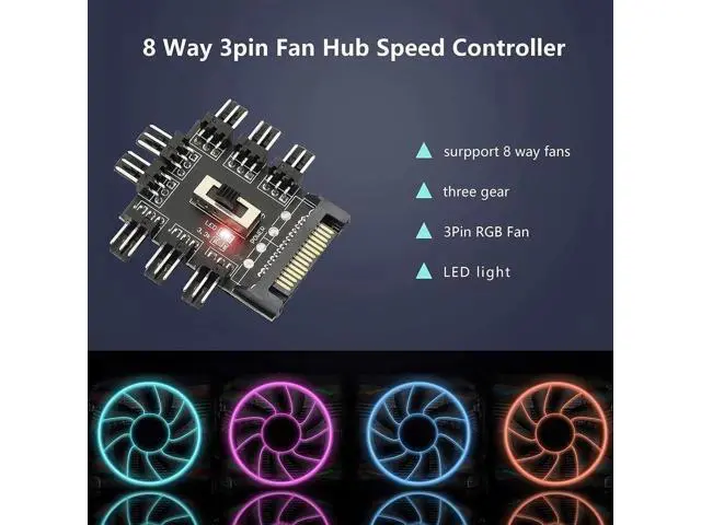 Alt view image 4 of 7 - SATA Powered 1-to-8 PC Fan Hub, 12V 3Pin Fan Splitter Controller Hub Compatible with Desktop Chassis Cooling Fans