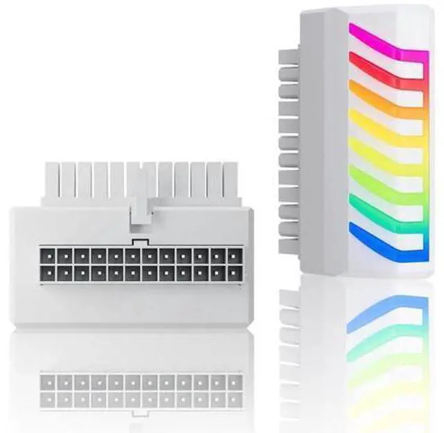 Main image of 90 Degree Right Angle ATX 24Pin Power Adapter with 5V 3Pin RGB Header, ATX Female to Male Motherboard PSU Connector, White