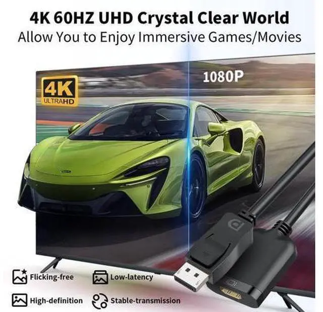 Alt view image 5 of 7 - Active DisplayPort to HDMI Adapter Cable, DP 1.4 to HDMI 2.0 4K Uni-Directional Converter, Male to Female Black, Compatible with Desktop, Monitor, TV, HP, AMD, NVIDIA, Lenovo, Dell