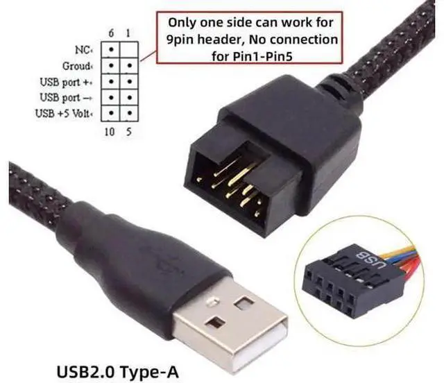 Alt view image 3 of 7 - 20cm Nylon Braided Motherboard 9/10Pin Header Male to USB 2.0 Male External Extension Cable