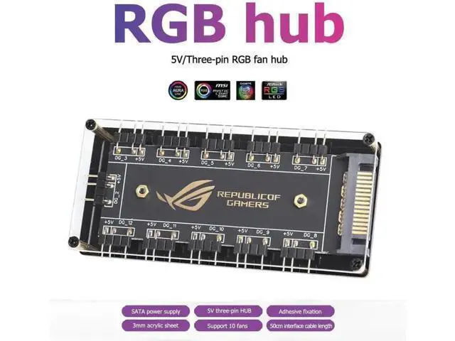 Alt view image 3 of 3 - 10-Port 5V 3Pin ARGB Fan Hub Splitter with SATA Power Input, RGB Lighting Extension Controller Hub for Desktop PC Case Fans