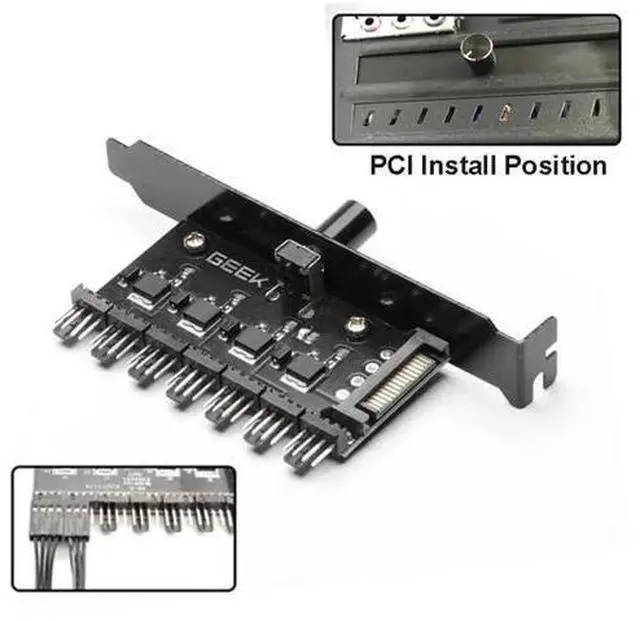 Alt view image 2 of 6 - 7-Way PC Fan Speed Controller Splitter Cable, SATA Powered 3Pin/4Pin PWM Fan Hub for Chassis Radiator Cooling Fans Temperature Regulation