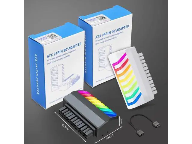 Alt view image 2 of 7 - 90 Degree Right Angle ATX 24Pin Power Adapter with 5V 3Pin RGB Header, ATX Female to Male Motherboard PSU Connector, White