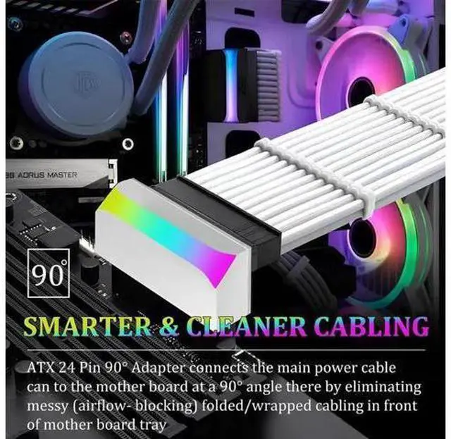 Alt view image 3 of 7 - White 90° Angled ATX 24Pin Motherboard Power Adapter with Integrated 5V 3Pin ARGB Female to Male Extension Port