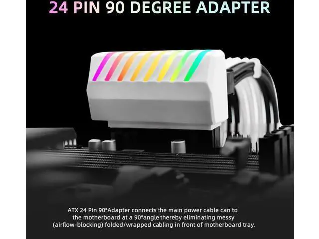 Alt view image 3 of 7 - 90 Degree Right Angle ATX 24Pin Power Adapter with 5V 3Pin RGB Header, ATX Female to Male Motherboard PSU Connector, White