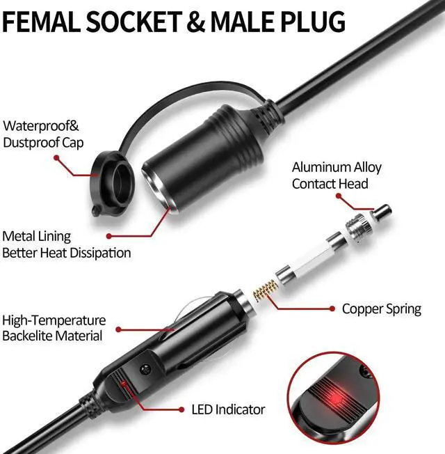 Alt view image 4 of 6 - 12FT 12V Cigarette Lighter Extension Cord 16AWG, Male to Female Socket 72W/6A Extension Cable with LED Light for Air Compressors, Mini Fridges, Car Vacuums and Other 12V Devices