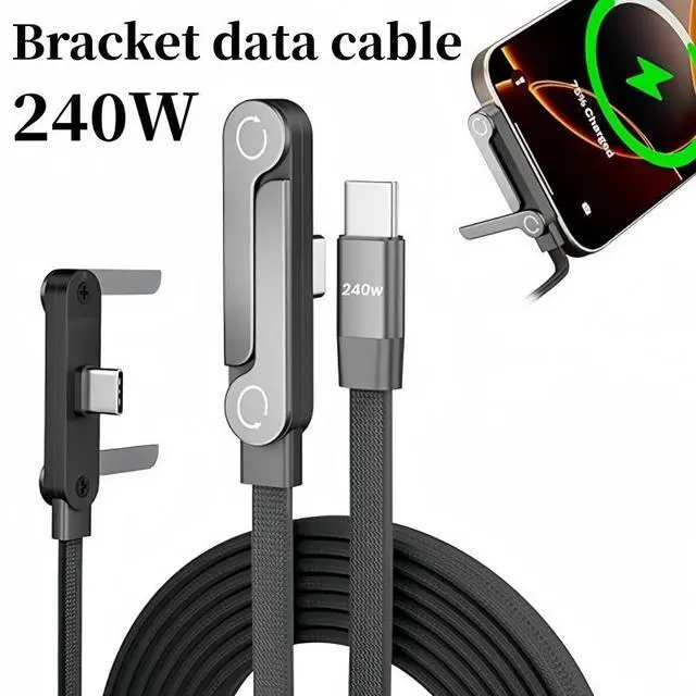 Main image of Gaming USB-C Cable 240W Fast Charge, Built-In 360° Rotatable Foldable Phone Stand, T-Shaped 90° Elbow Braided Type C Data Cable for Play While Charging