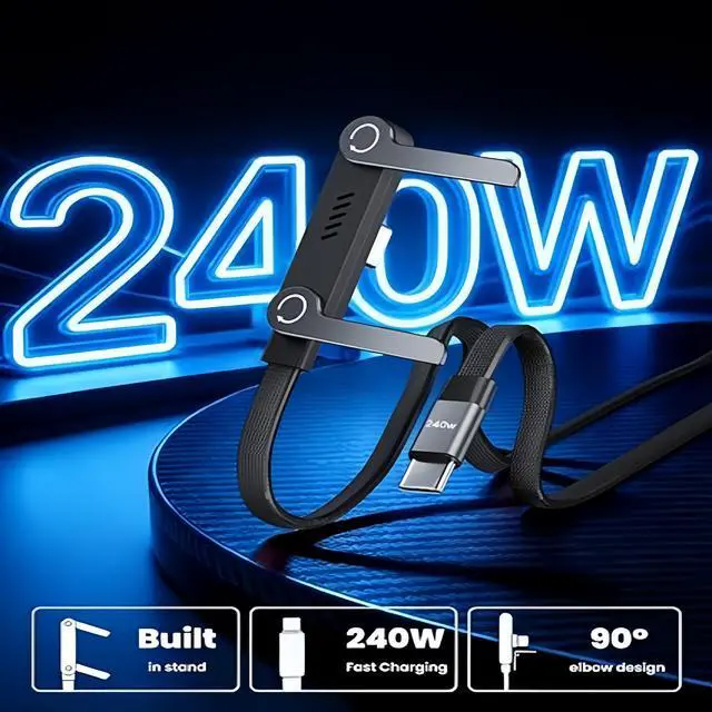 Alt view image 2 of 7 - Gaming USB-C Cable 240W Fast Charge, Built-In 360° Rotatable Foldable Phone Stand, T-Shaped 90° Elbow Braided Type C Data Cable for Play While Charging