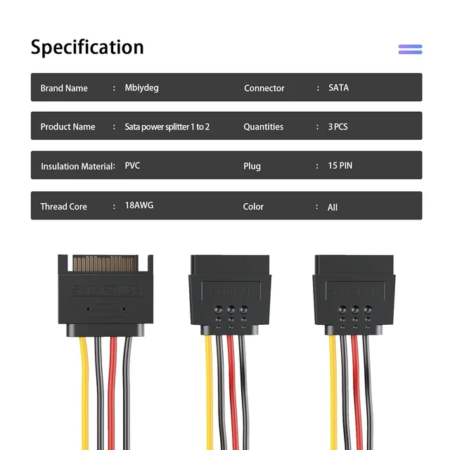 Alt view image 4 of 7 - 3-Pack 15 Pin SATA Power Splitter Cable, 8 Inch Sata Male to 2X Female Cable for HDDSSDOptical Drives