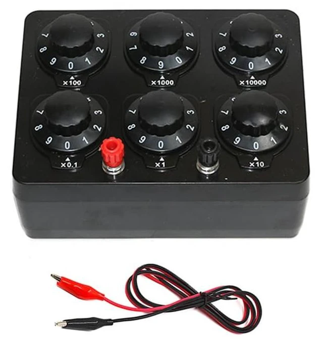 Main image of High Precision Decade Resistance Box 0-100K (0.1 Step) - 6-Range Lab-Grade Resistor for Electronics Testing/Education/Industrial Use, Includes Red/Black Alligator Clips