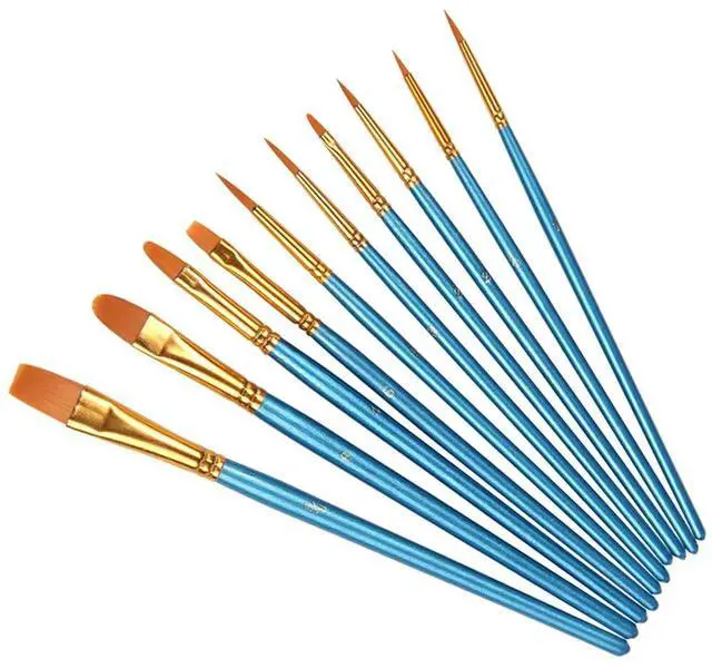Main image of 10Pcs Blue Painting Brushes Durable Wood Handle Flat Set Watercolor Oil Paintbrushes for Beginners Professionals Art