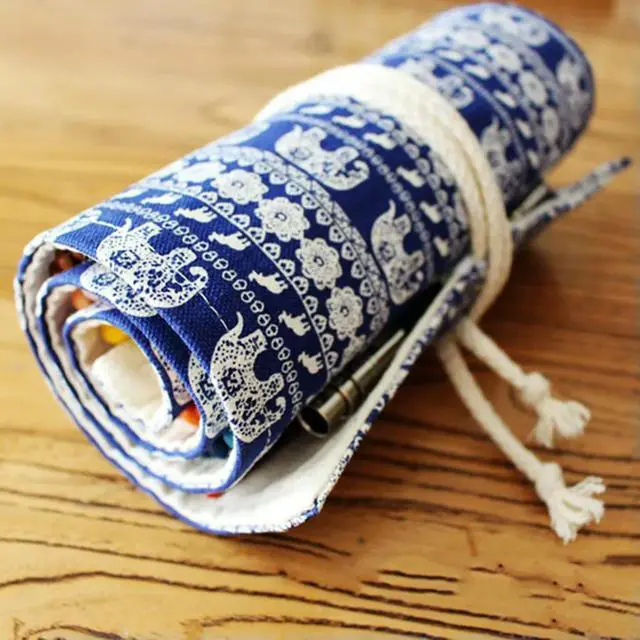 Alt view image 3 of 3 - Colored Pencil Roll Canvas Pen Holder Organizer 48 Slots Blue White Porcelain Elephant Art Therapy Pencil Wrap Travel Case