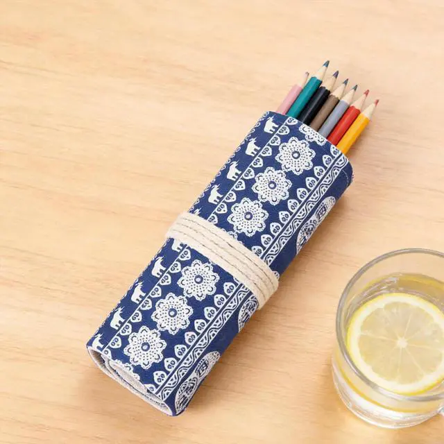 Alt view image 2 of 3 - Colored Pencil Roll Canvas Pen Holder Organizer 48 Slots Blue White Porcelain Elephant Art Therapy Pencil Wrap Travel Case