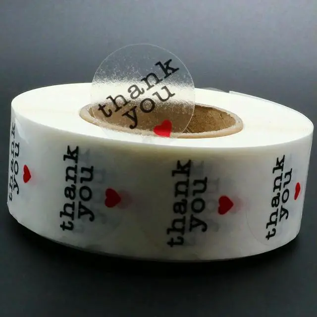 Alt view image 3 of 3 - 500Pcs Transparent Thank You el Stickers 2 Rolls Red Heart Thank You Decals for Gift Wrapping Flower Bouquets Candy Bags