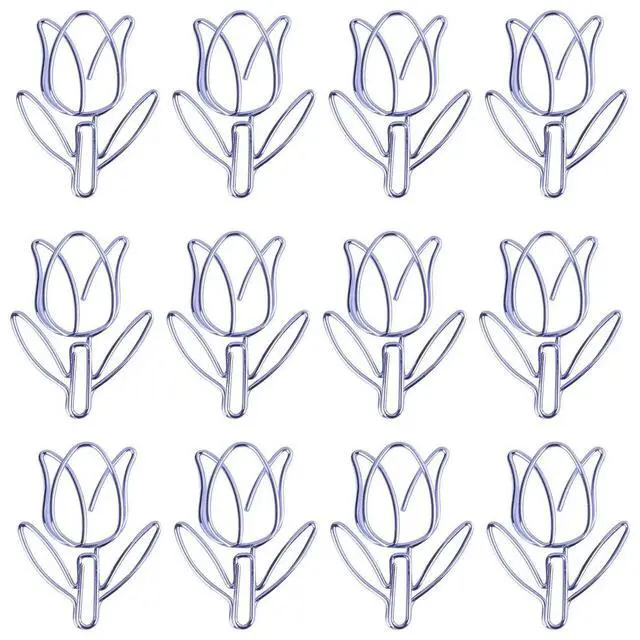 Main image of 12Pcs Fashion Tulip Style l Paper Clips Purple Strong Reusable Creative Bookmark Clips for Documents Notes Photos