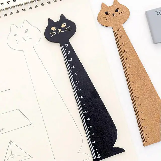 Main image of 6Pcs Cartoon Cat Ruler Wooden Straight Measuring Tool with Precise Scale for Students Kids School Stationery Drawing Learning