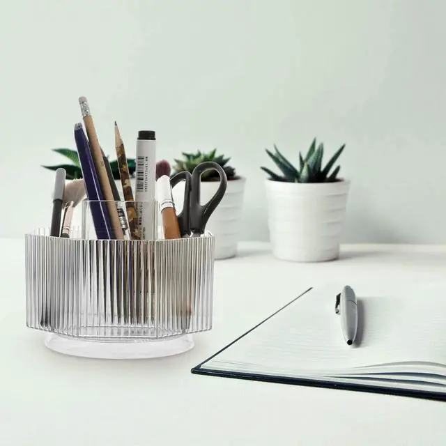 Alt view image 3 of 3 - Rotary Pen Organizer for Desk with Rotating Grids Clear Pencil Holder for Office Bedroom Art Supplies Makeup Brushes